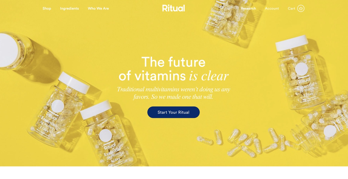 A high-contrast, minimalist ad creative featuring bottles of vitamins scattered across a vibrant yellow background, emphasizing product transparency and simple branding.